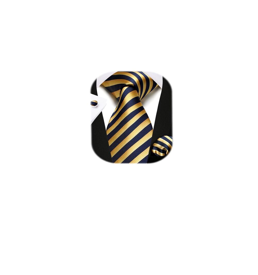 6518 Stripe Tie Set Gold Navy Blue Ties Silk Tie and Pocket Square Set